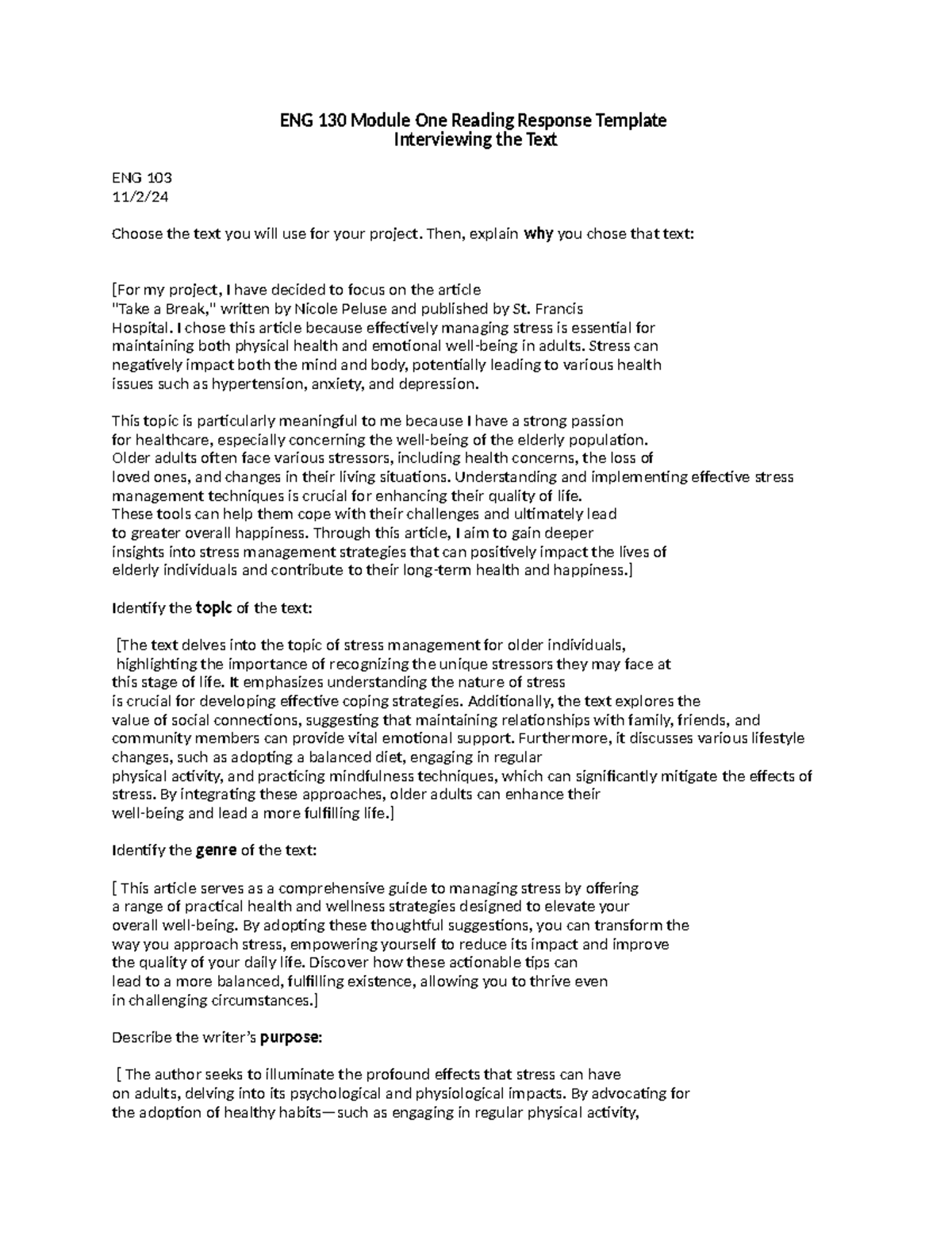 ENG 130 Module One Reading Response Interviewing the text - ENG 130 ...