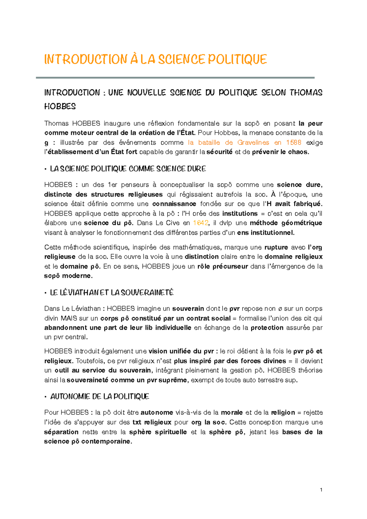 Cours SCPO - Introduction à la Science Politique selon Hobbes - Studocu