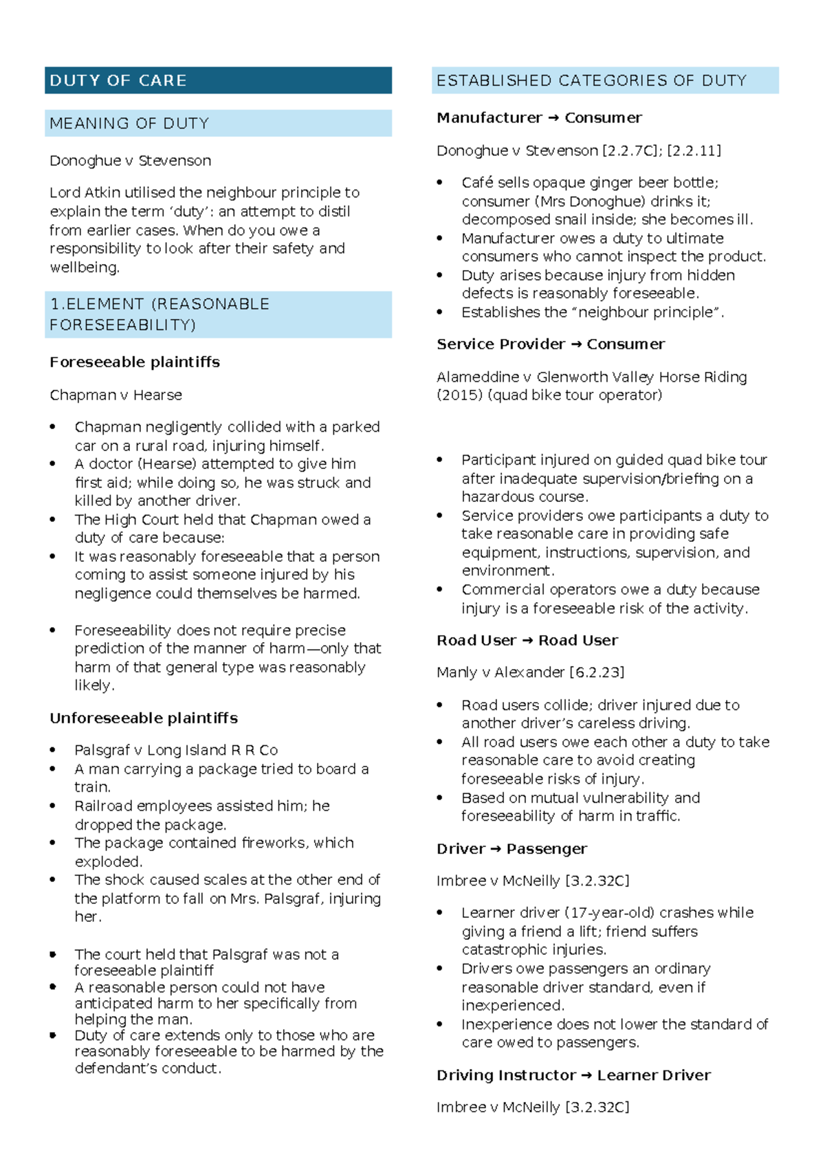 Torts Notes: Duty of Care and Key Case Law Analysis - Studocu