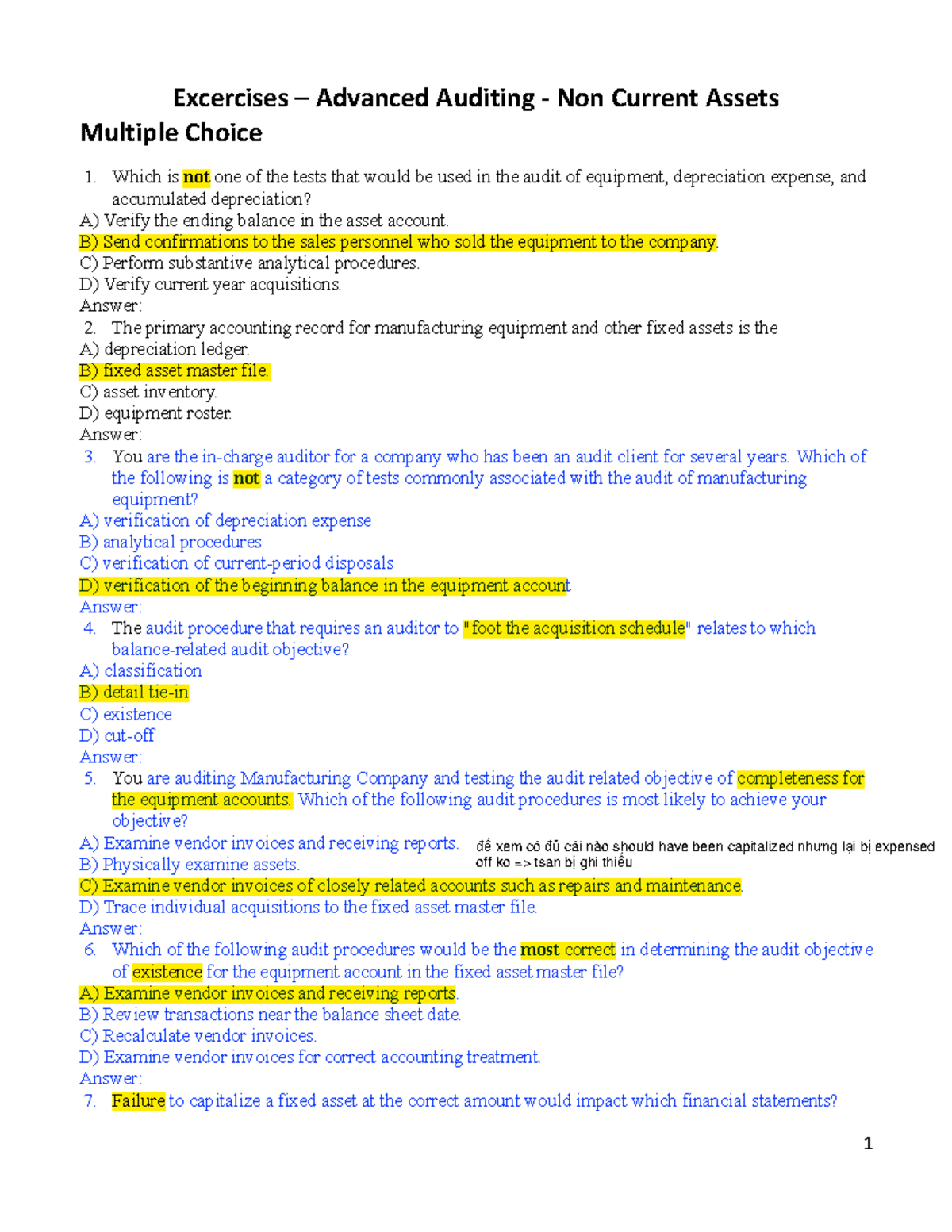 Advanced Auditing (Course Code: 3.1) - Non Current Assets Exercises ...