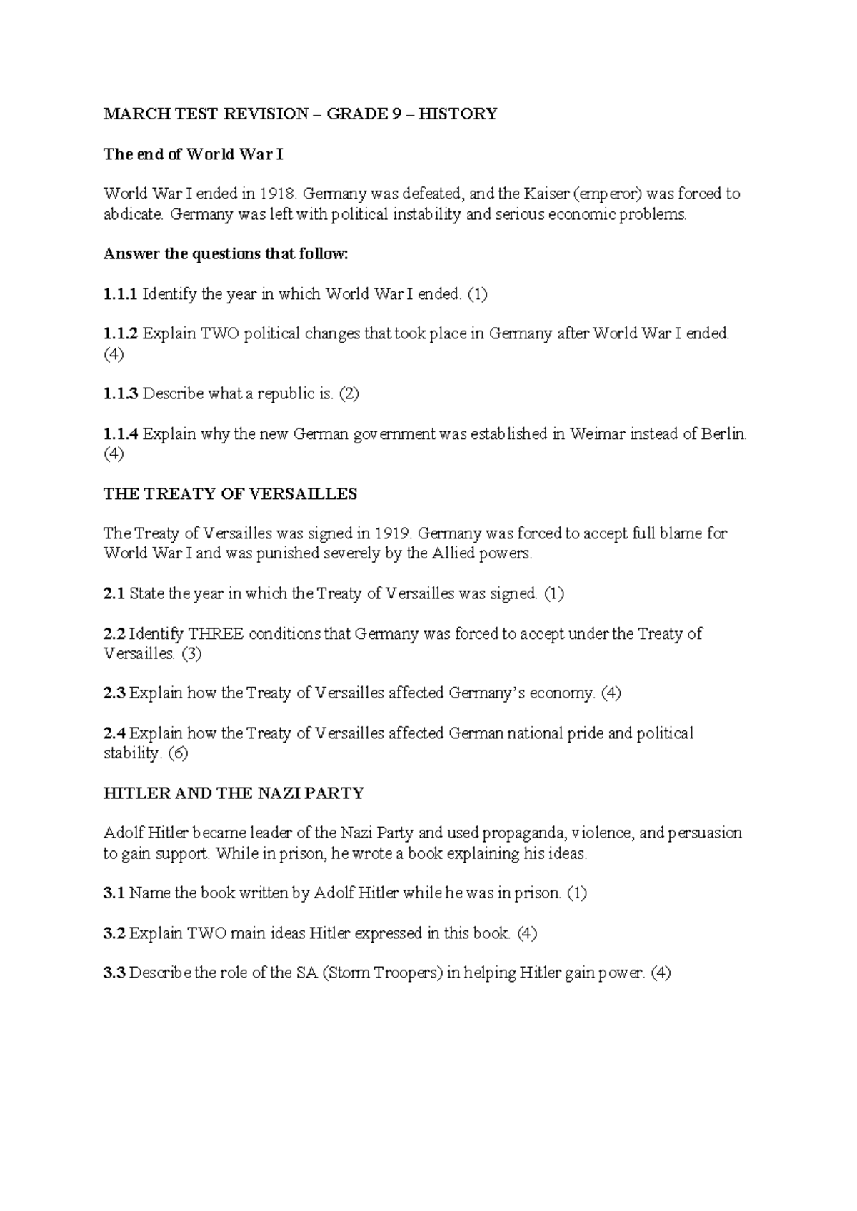 Grade 9 History March Test Revision: World War I & Aftermath - Studocu