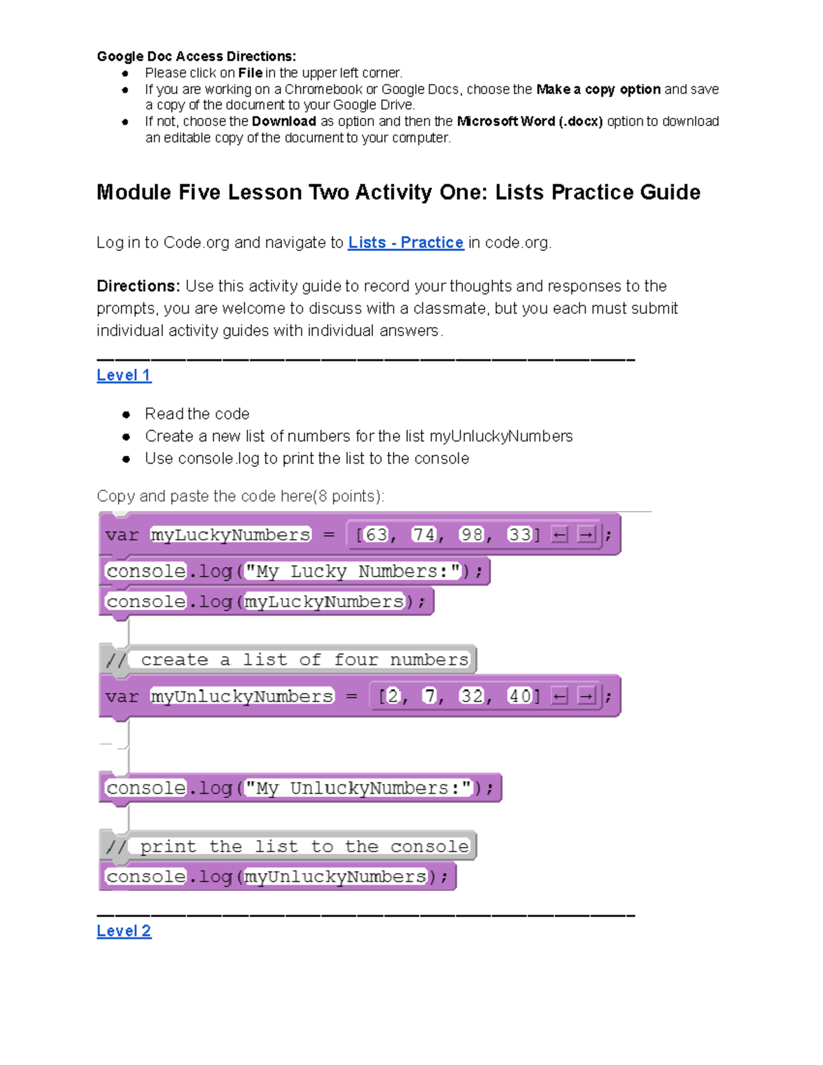 Copy of APCS-P Module 5 Lesson 2 Activity 1: Lists Practice Guide - Studocu