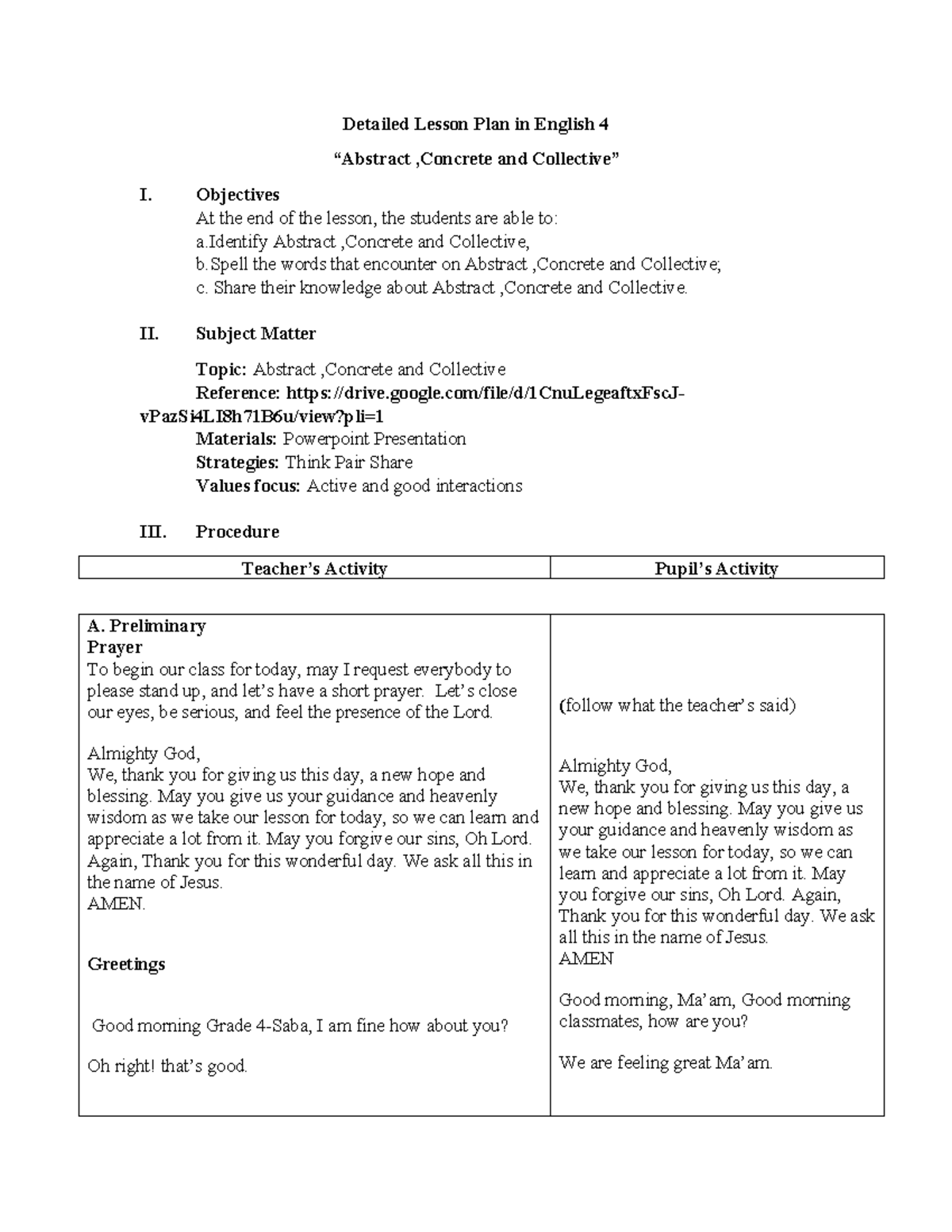 Detailed Lesson Plan in English 4: Abstract, Concrete, and Collective ...