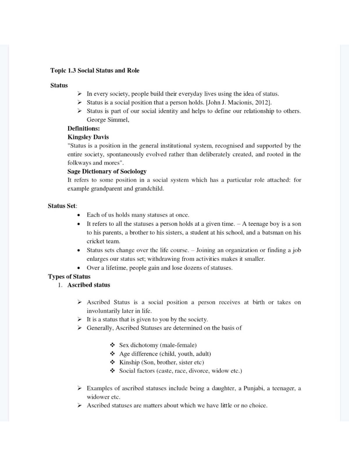 SOC-101 Lecture Notes: Understanding Social and Role Status - Studocu