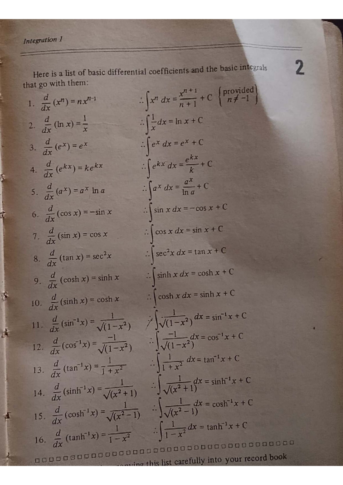 MTH201 Integration I: Basic Differential Coefficients & Integrals Guide ...