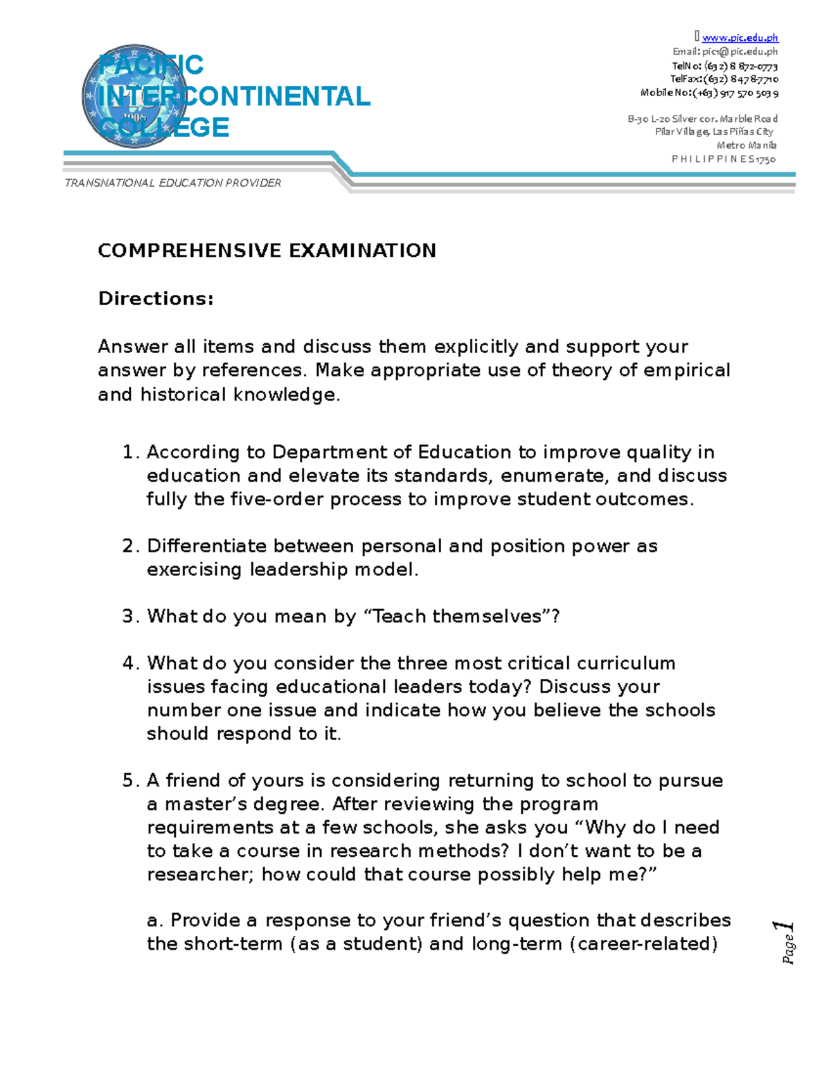 Comprehensive Exam MAED Set A: Educational Leadership & Theory - Studocu