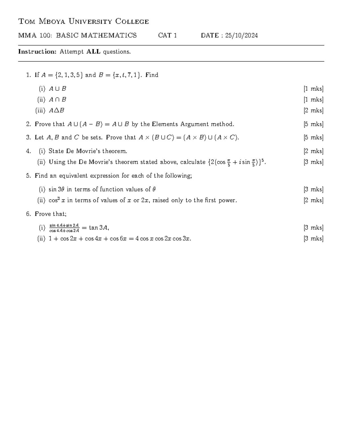 MMA 100 - Basic Mathematics CAT I Revision Notes and Solutions - Studocu