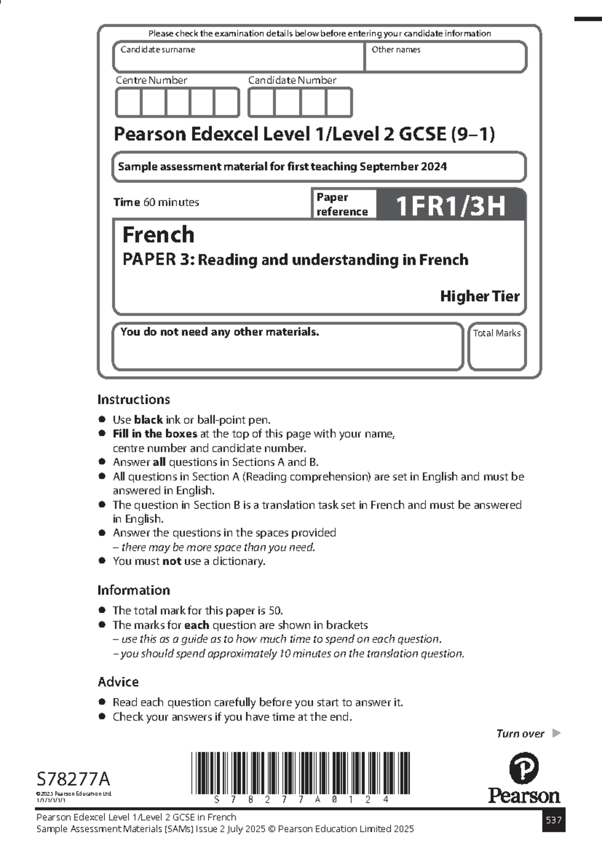Pearson Edexcel L1/L2 GCSE French Sample Assessment Materials - Issue 2 ...