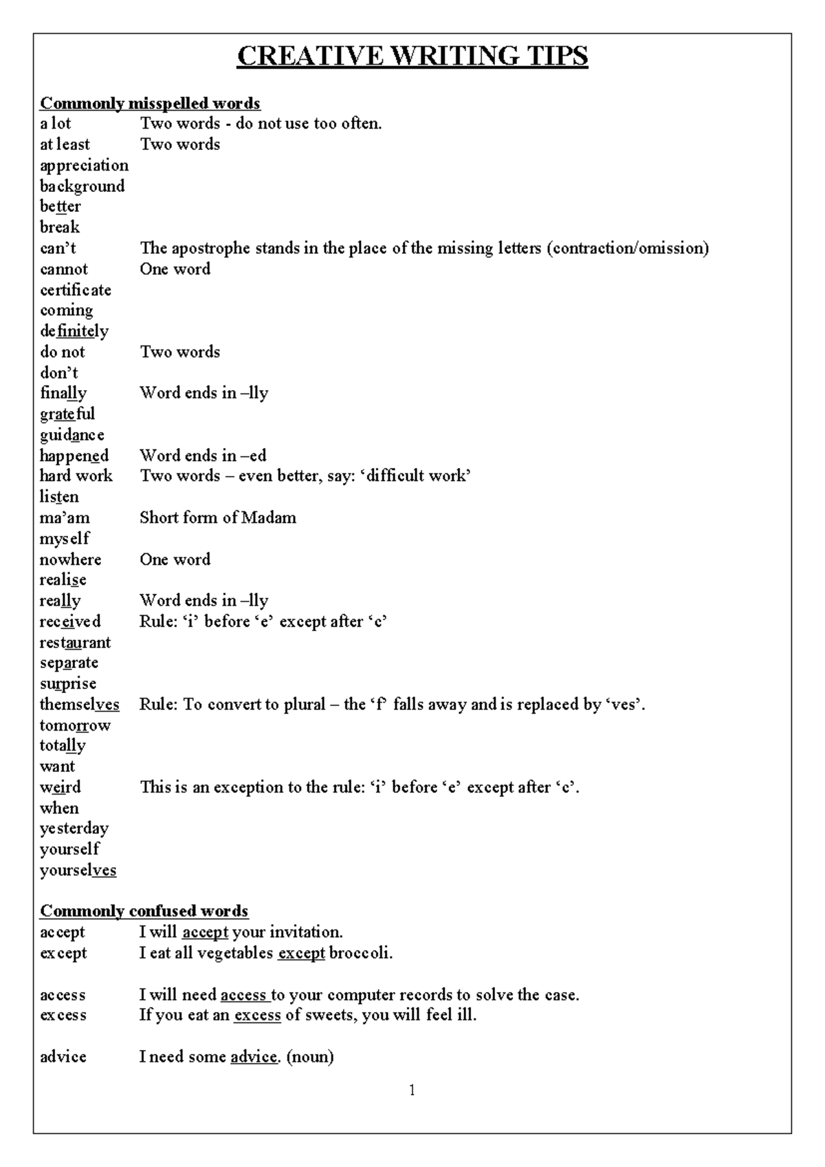 Creative Writing Tips: Common Errors & Misspellings - Paper 3 - Studocu
