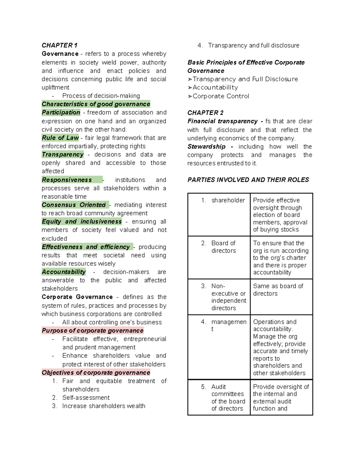 CHAPTER 1 & 2: Governance and Corporate Governance Overview - Studocu