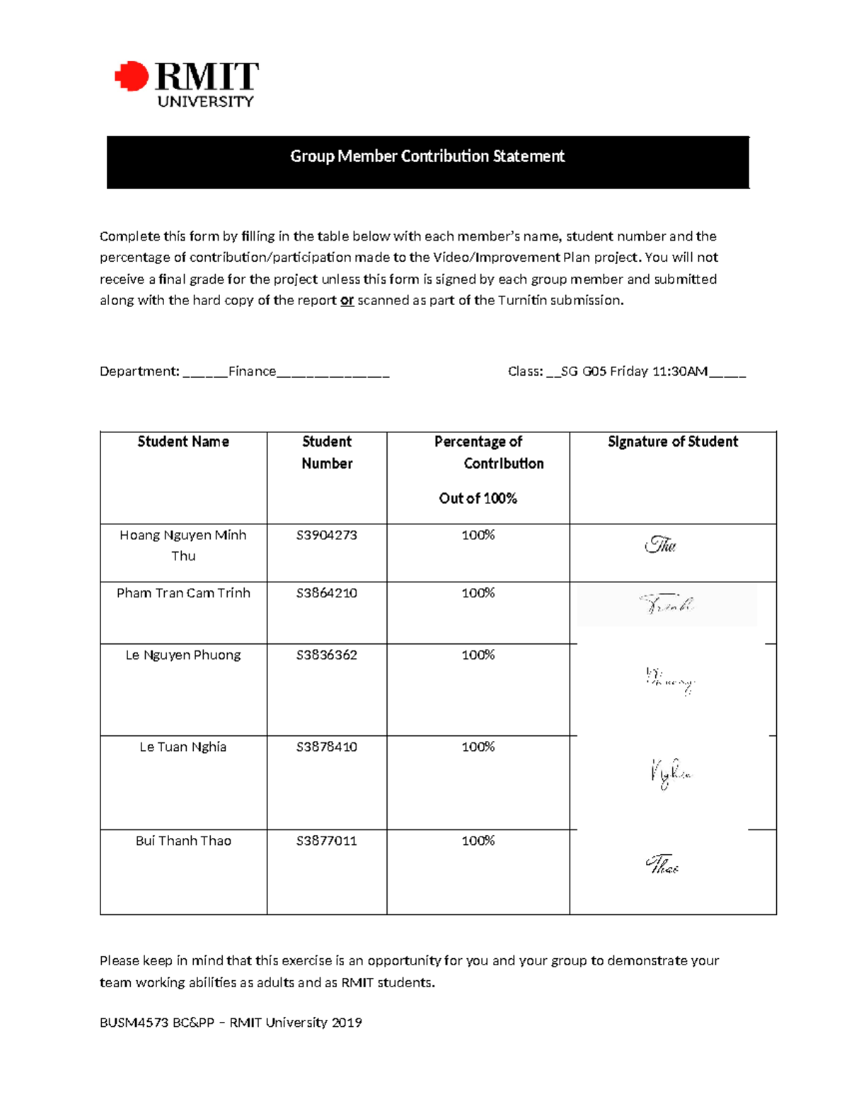 BUSM4573 Final Assessment Group Contribution Statement Form - Studocu