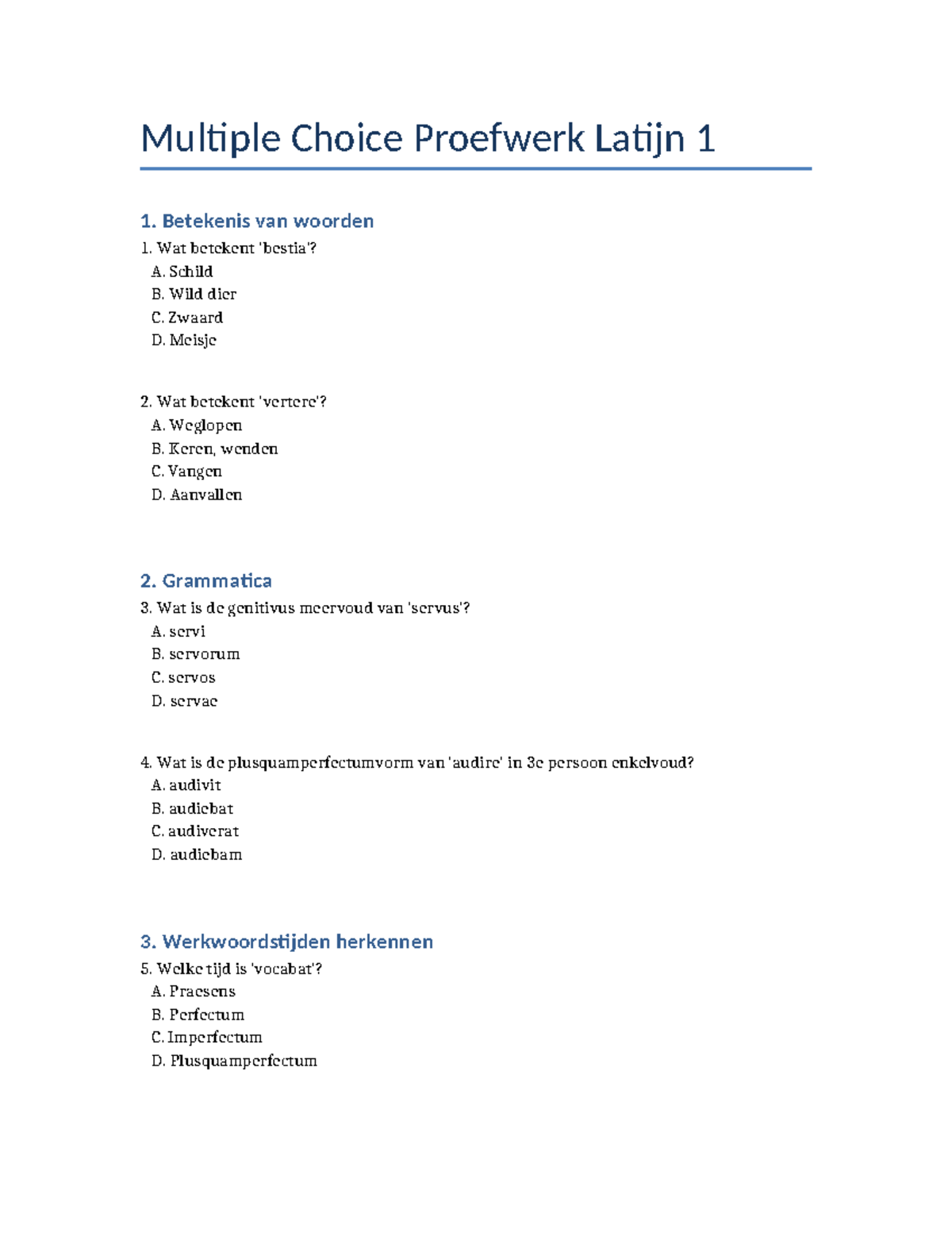 Latijn MC Proefwerk 1 - Multiple Choice - Multiple Choice Proefwerk ...