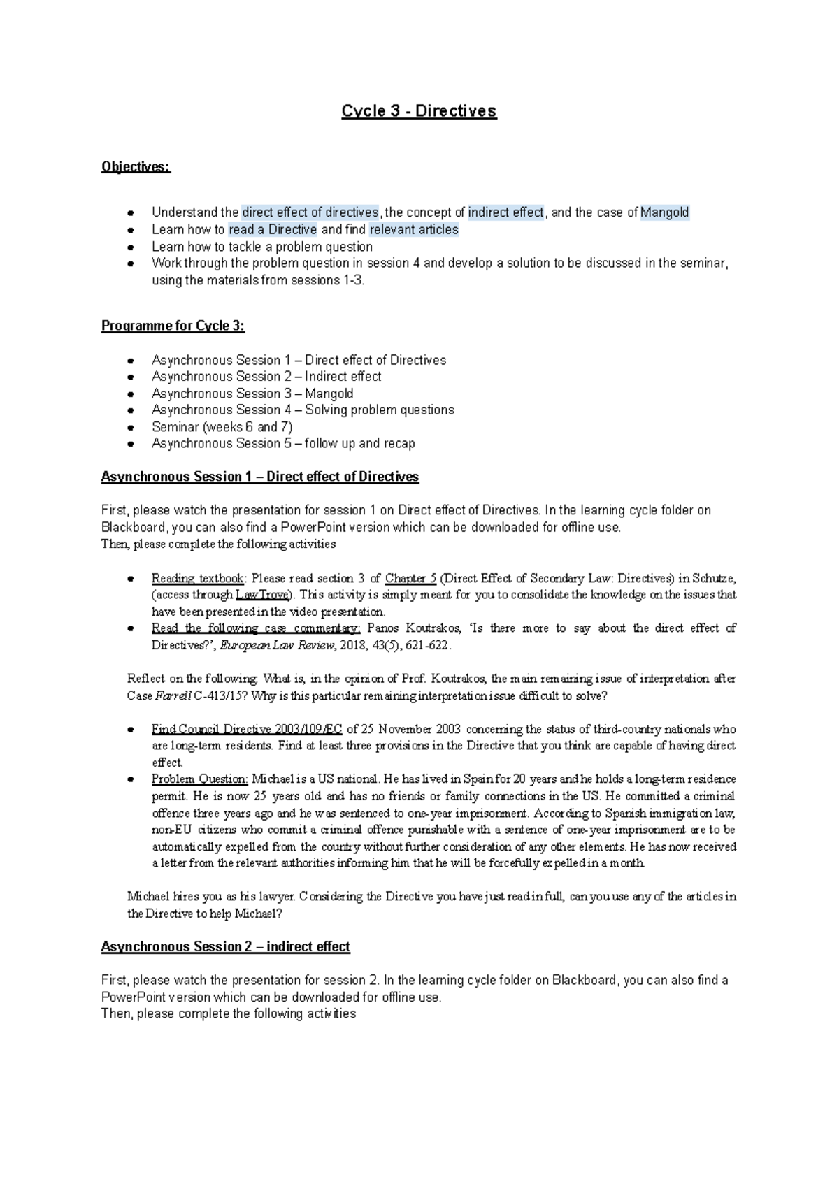 Cycle 3 - Cycle 3 - Directives Objectives: Understand the direct effect ...