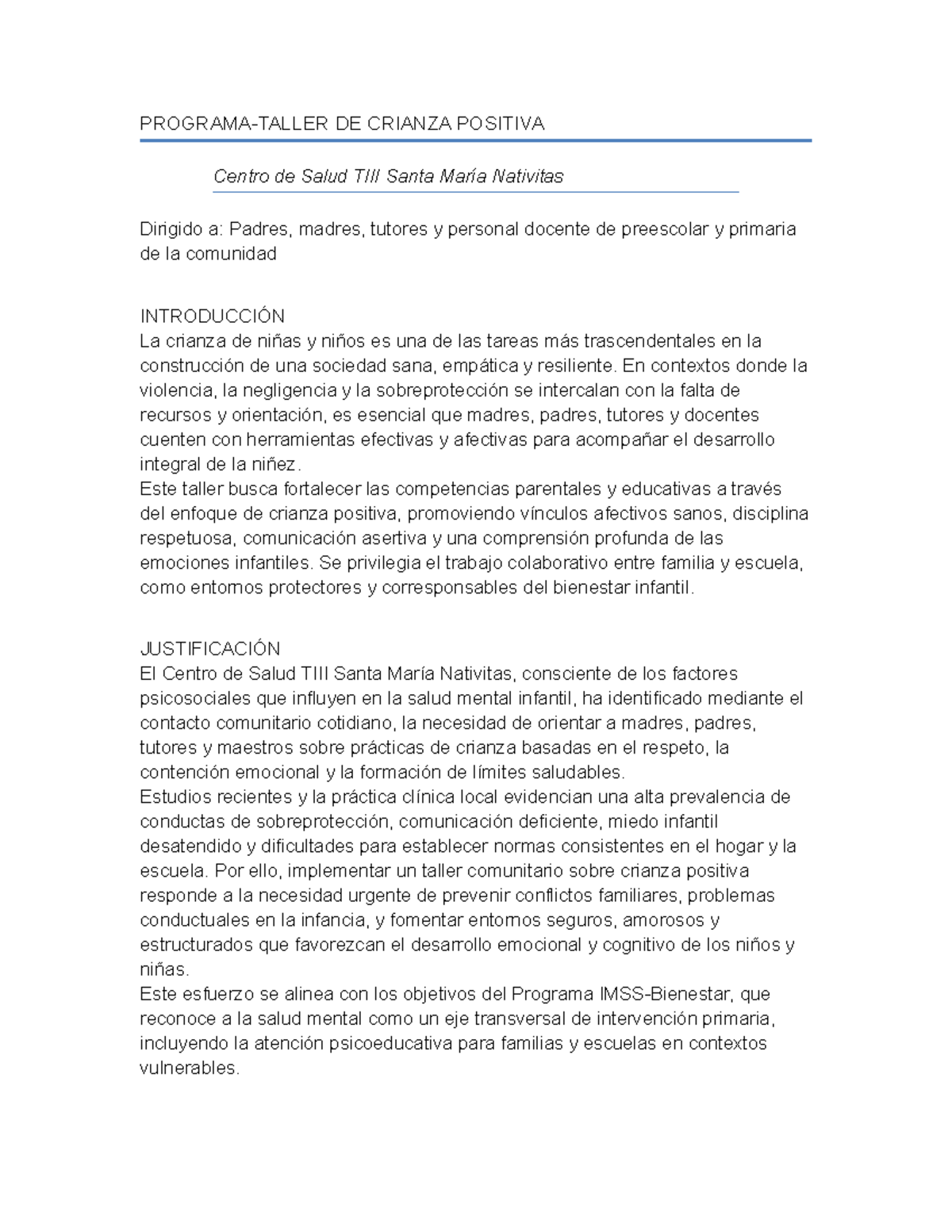 Programa Taller de Crianza Positiva para Padres y Docentes - Studocu