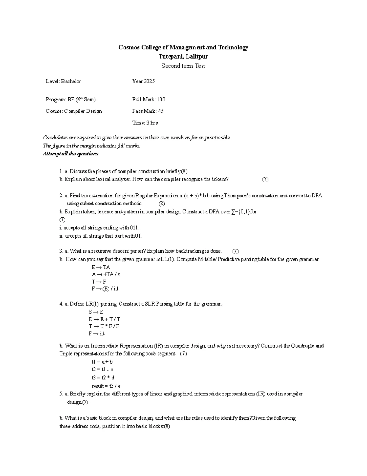 Mbcoe B.E. Compiler Design Final Exam Notes - Studocu