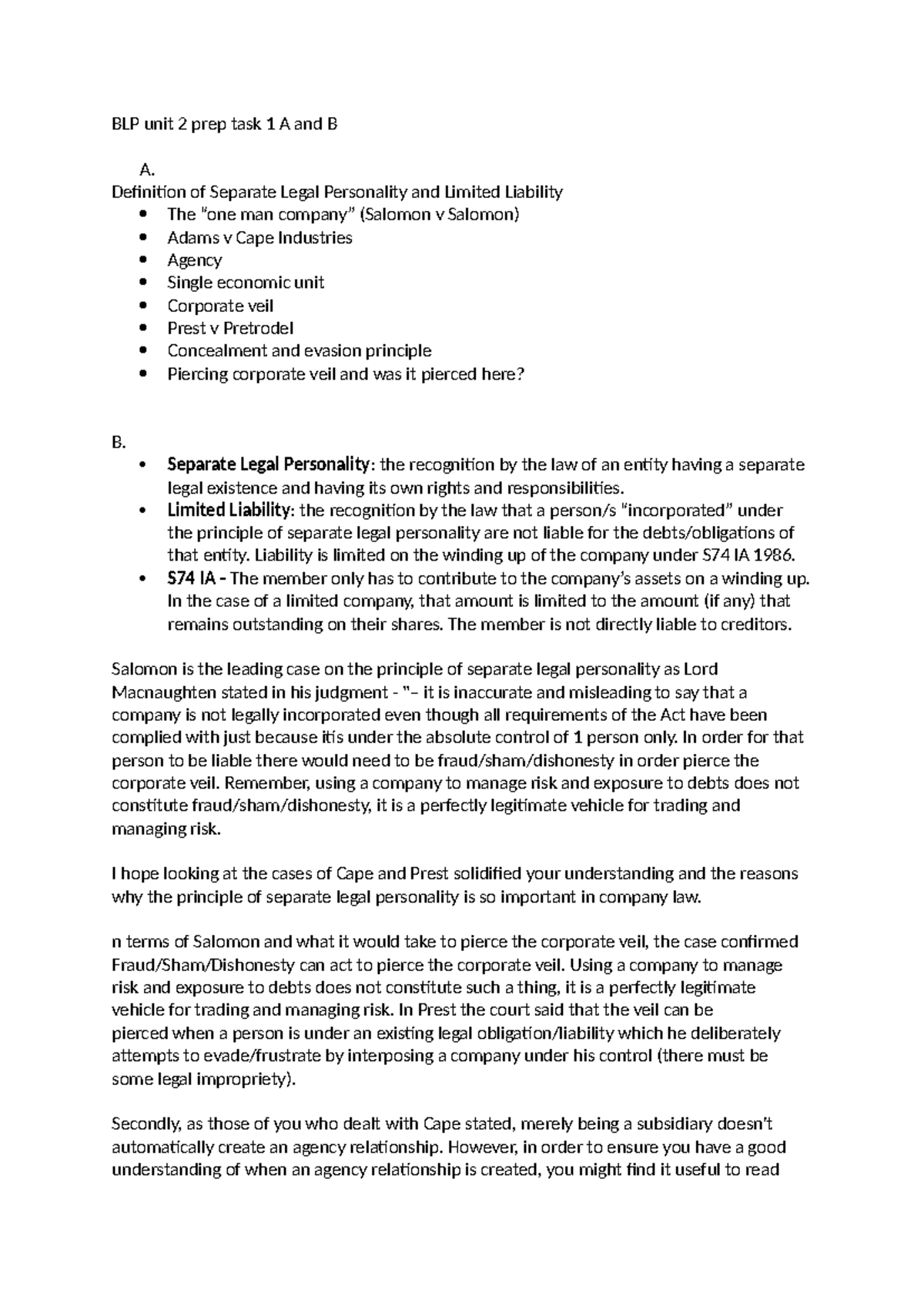 BLP Unit 2 Prep Task 1: Separate Legal Personality & Limited Liability ...