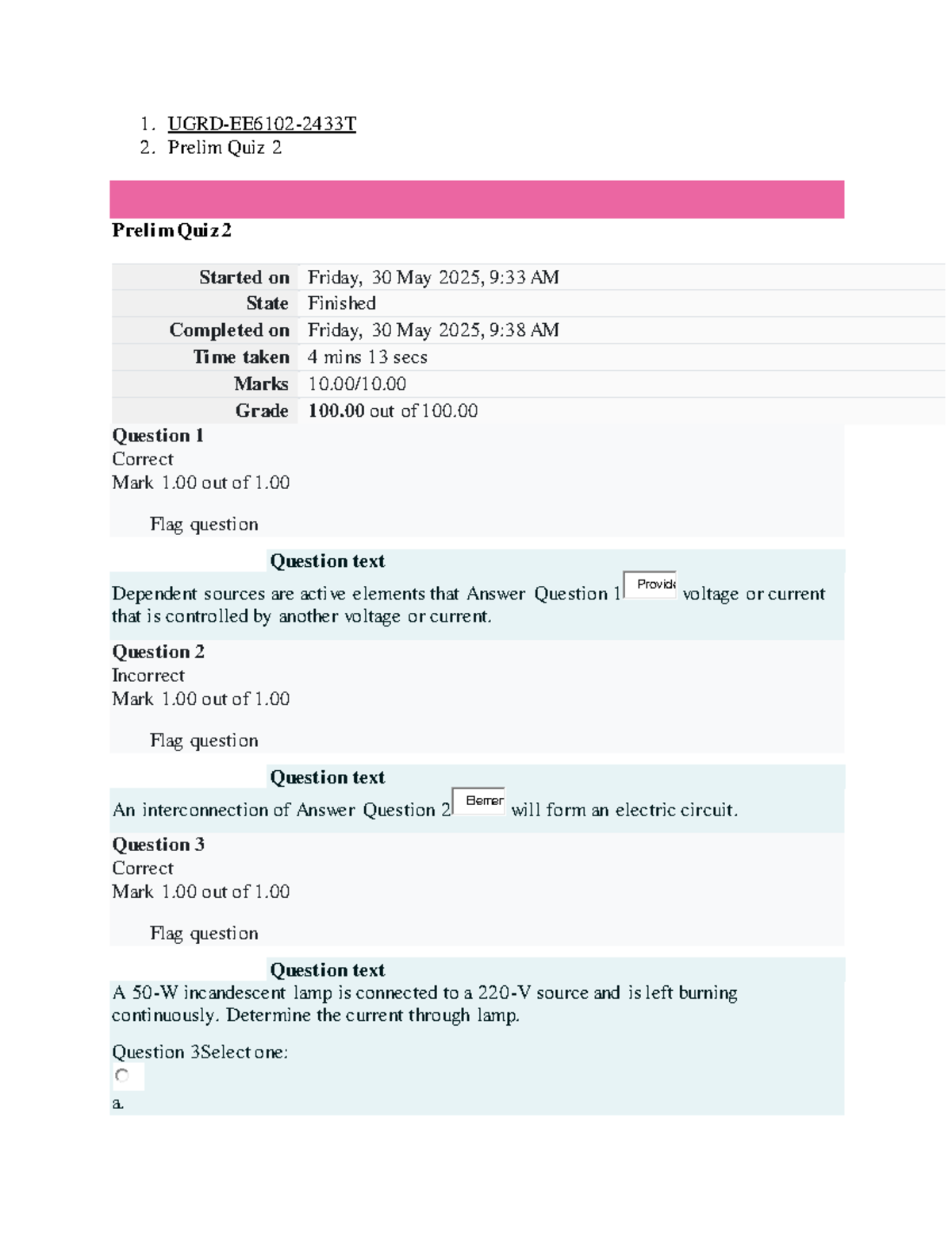 UGRD EE6102 Electric Circuits Theory 1 Prelim Quiz 2 Results - Studocu