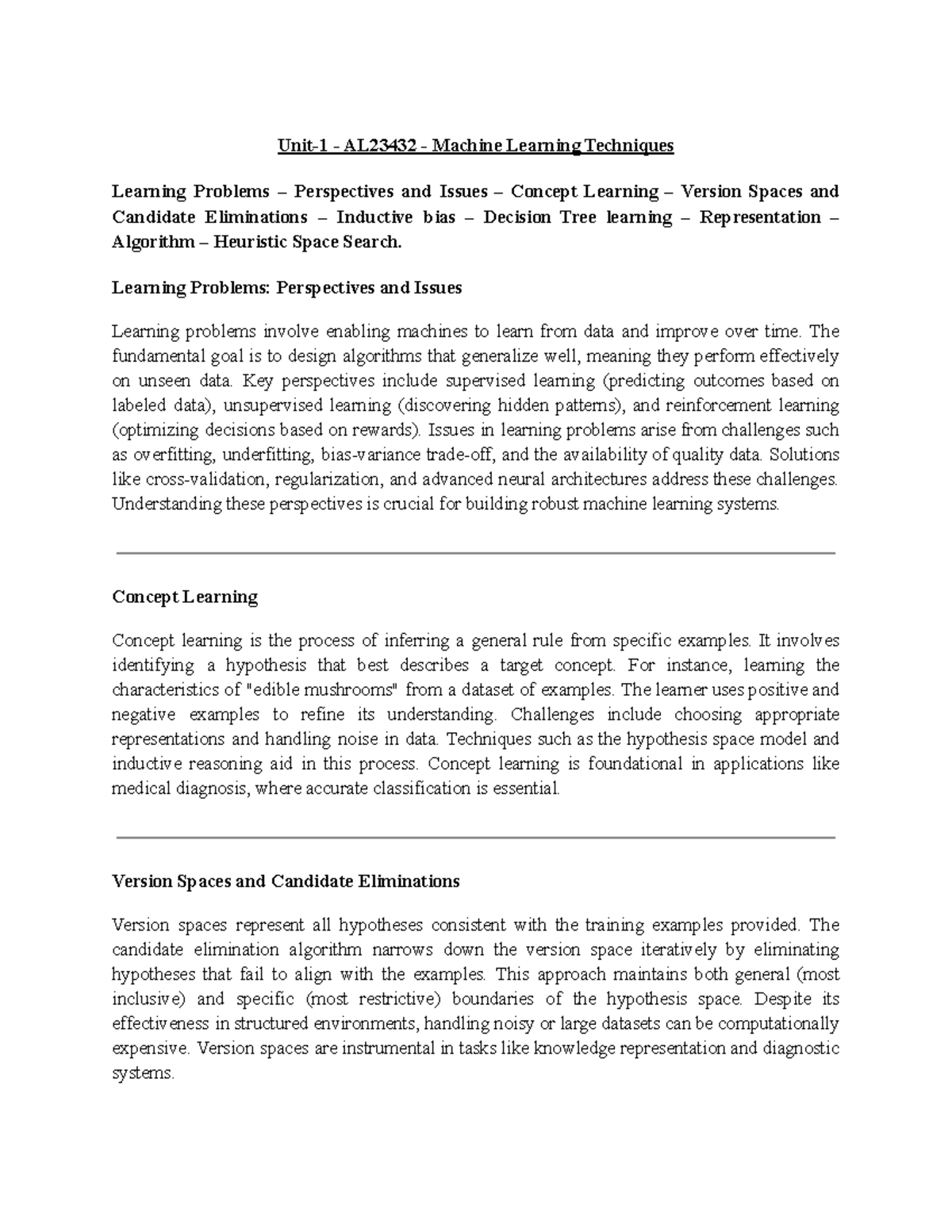 AL23432 MLT Notes: Machine Learning Techniques, Concepts & Challenges ...