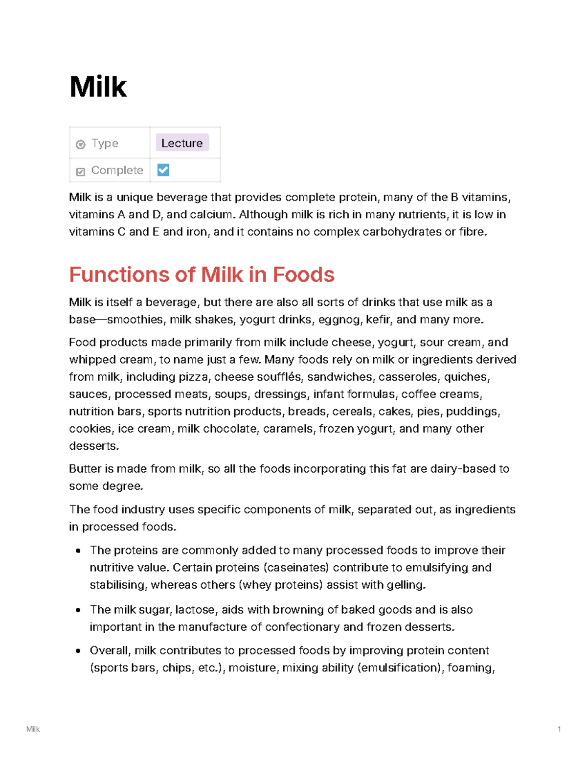 Milk chapter notes - Milk Type Lecture Complete Milk is a unique ...