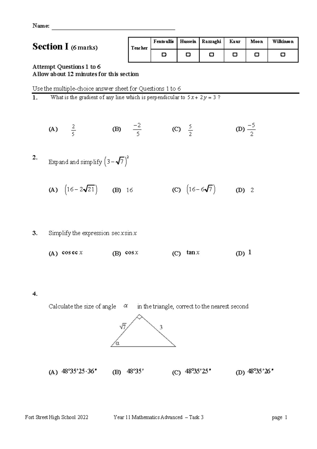 2022 Yr 11 Mathematics Advanced Assessment Task 3 Final - Name: - Studocu