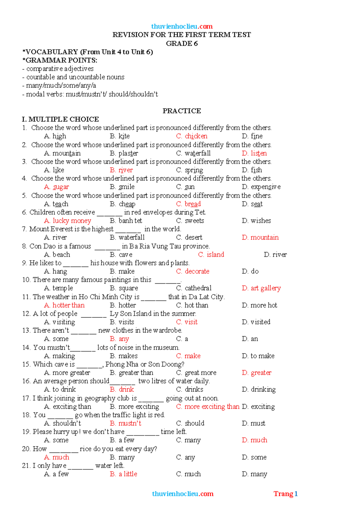 Thuvienhoclieu.com GRADE 6 HK1 REVIEW: Units 4-6 Practice Test ...