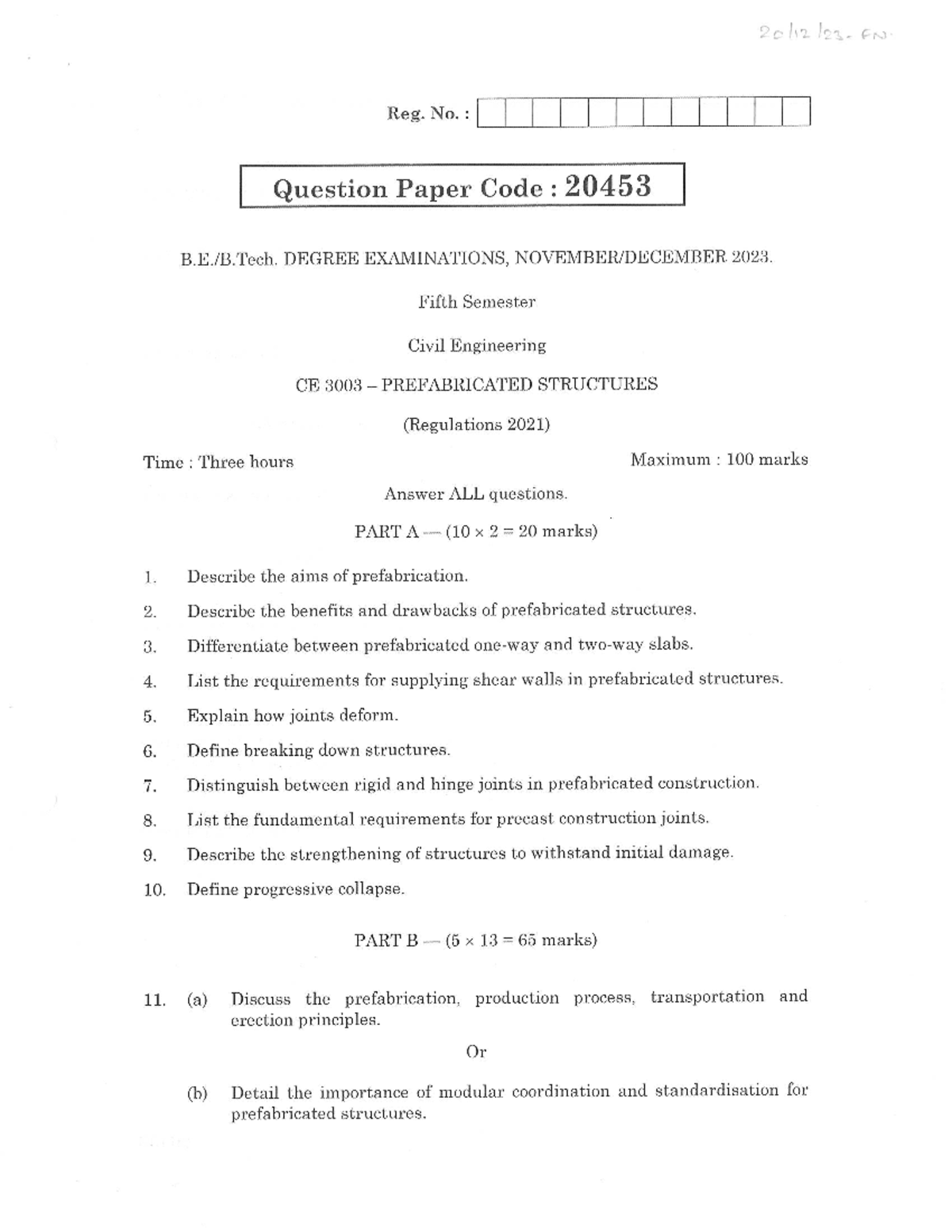 CE 3003 Prefabricated Structures Exam Paper - Nov Dec 2023 - Studocu