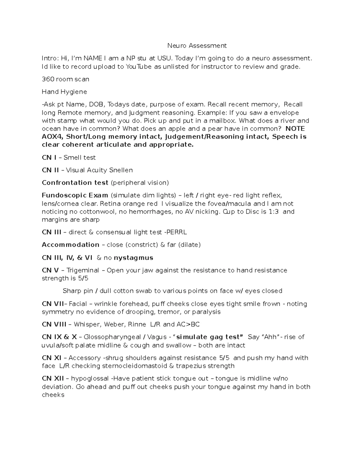Head to Toe Example - Script Outlines for Patient Assessment - Studocu