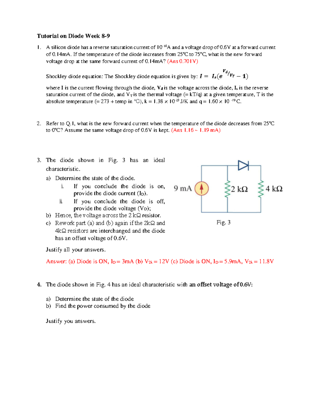 Tutorial on Diode Week 8-9 - 𝑰 = 𝑰𝒔(𝒆 − 𝟏) Tutorial on Diode Week 8 - 9 ...
