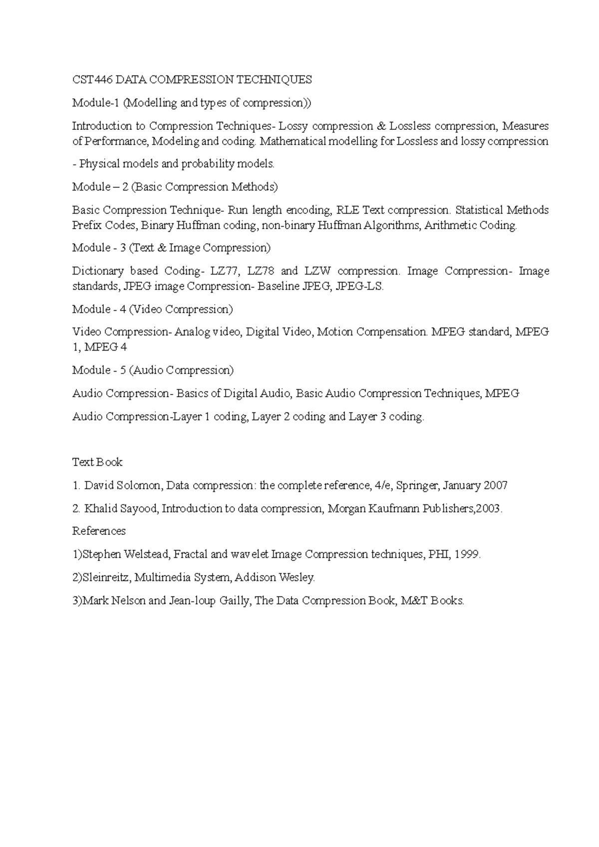 CST446 Data Compression Techniques Syllabus & Model Question Paper ...