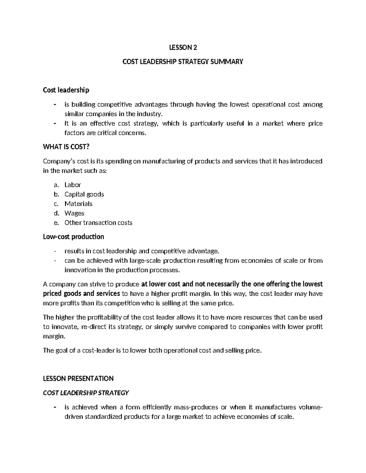 COST LEADERSHIP STRATEGY - LESSON 2 SUMMARY & ANALYSIS - Studocu