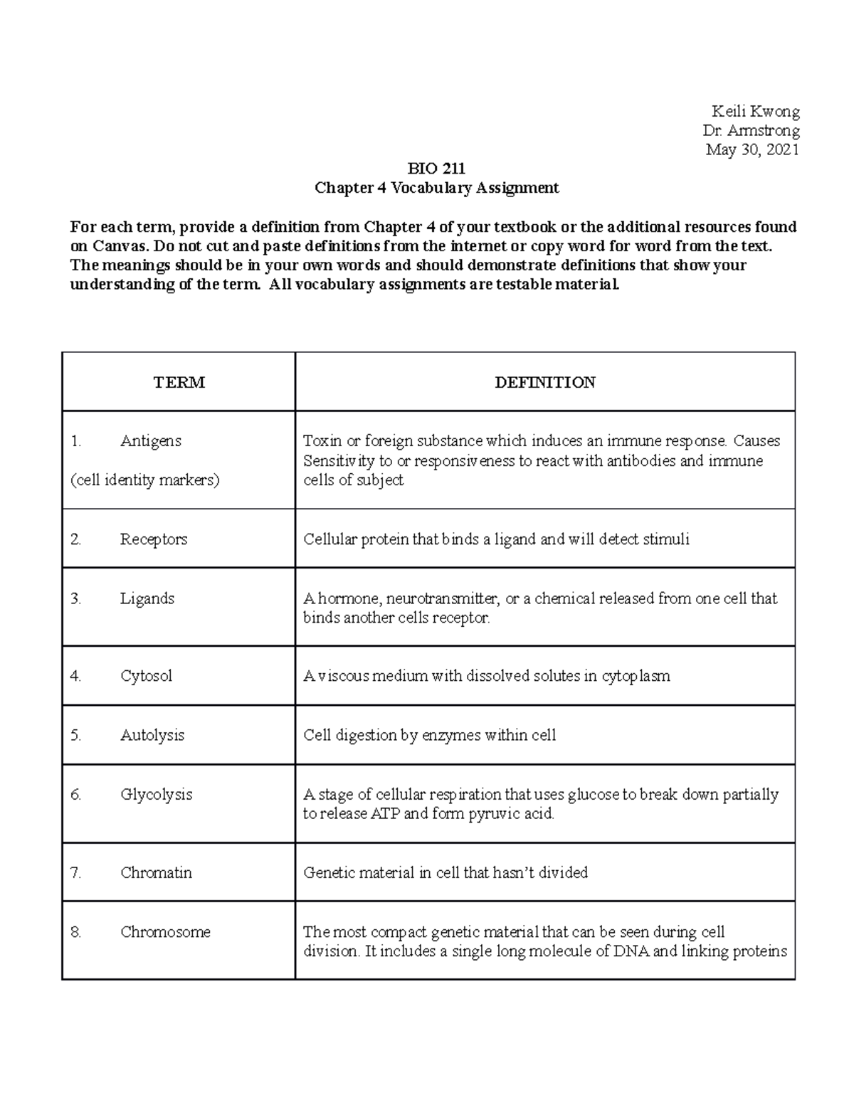 BIO 211 HW 3: Chapter 4 Vocabulary Definitions and Explanations - Studocu