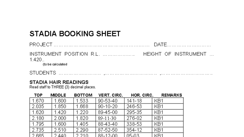 Stadia Booking Sheet Project Instrument Position R.L. 1.420 Update ...