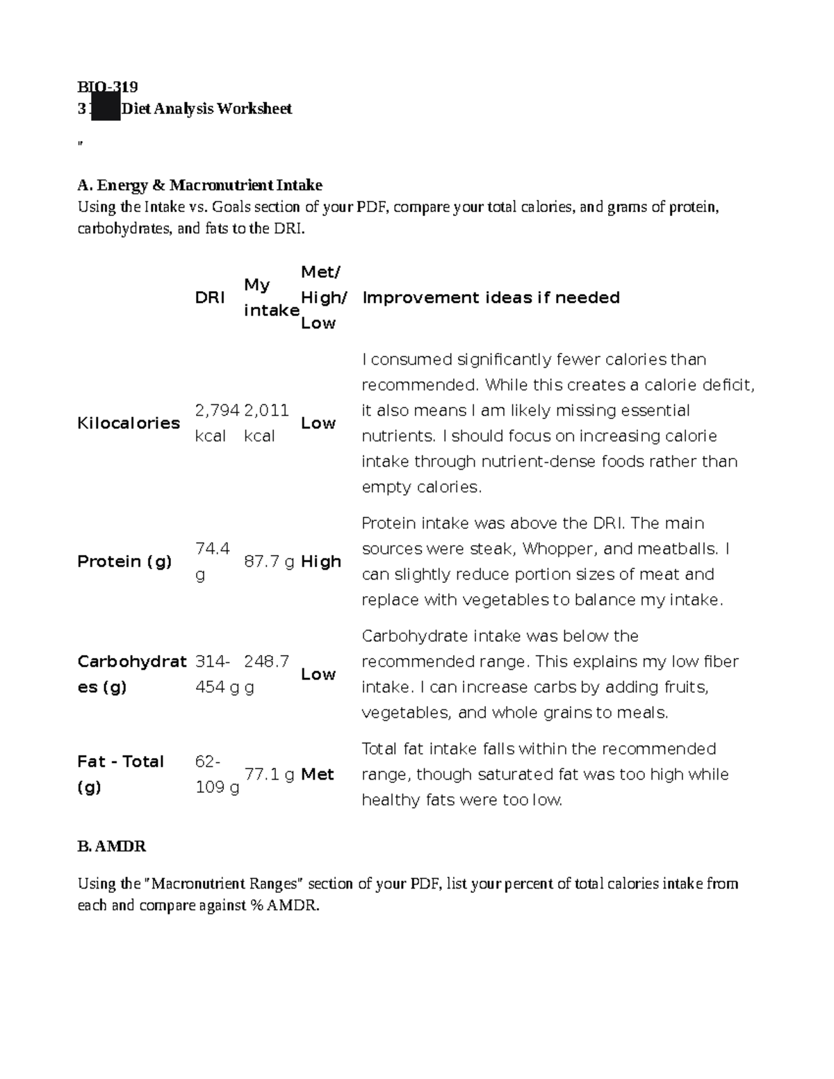 3 Day Diet Analysis Worksheet: Macronutrient & Nutrient Intake Review ...