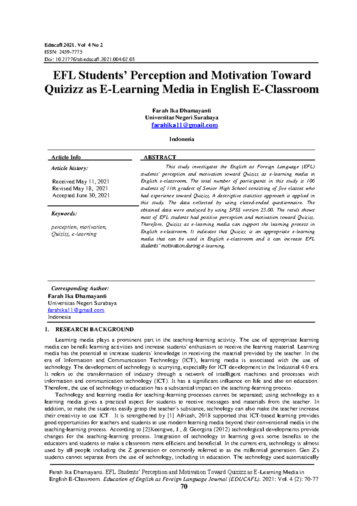 EFL 2021: Perceptions & Motivation Toward Quizizz in English E ...
