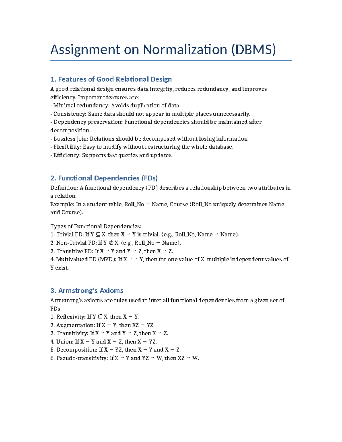 DBMS Normalization Assignment: Key Concepts and Features - Studocu