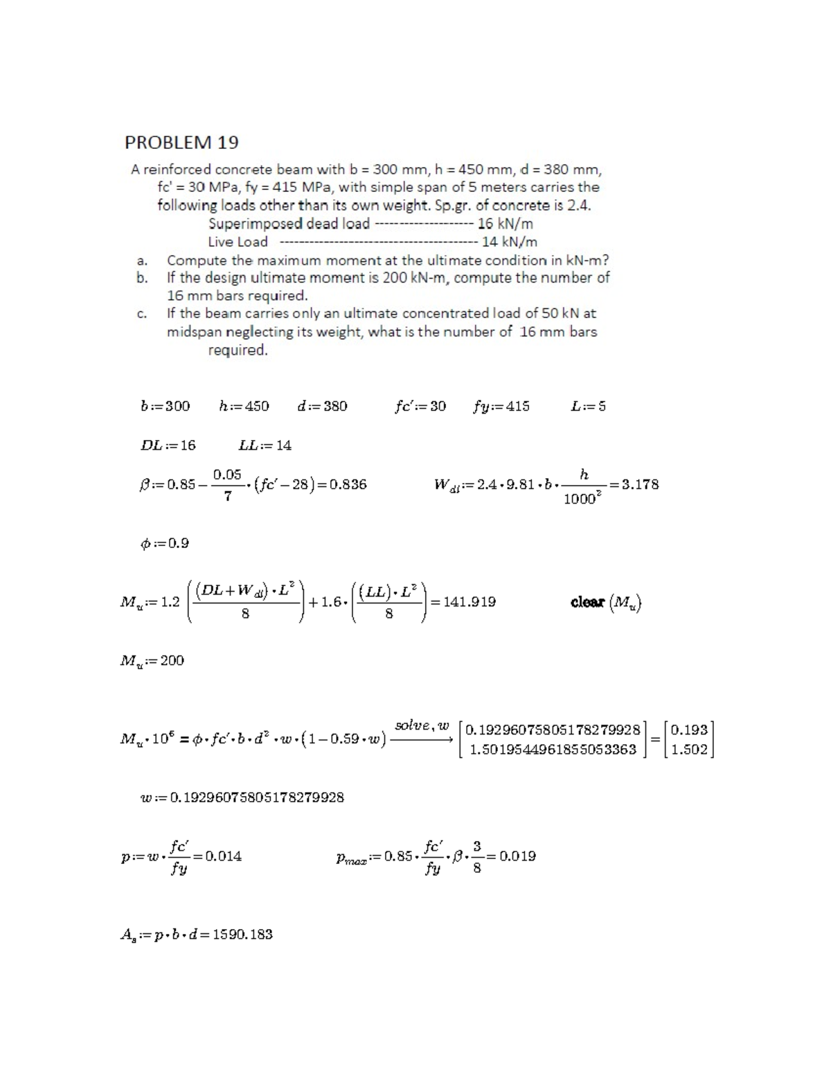 RC-SP19 - NOTES - b ≔ 300 h ≔ 450 d ≔ 380 fc' ≔ 30 fy ≔ 415 L ≔ 5 DL ≔ ...