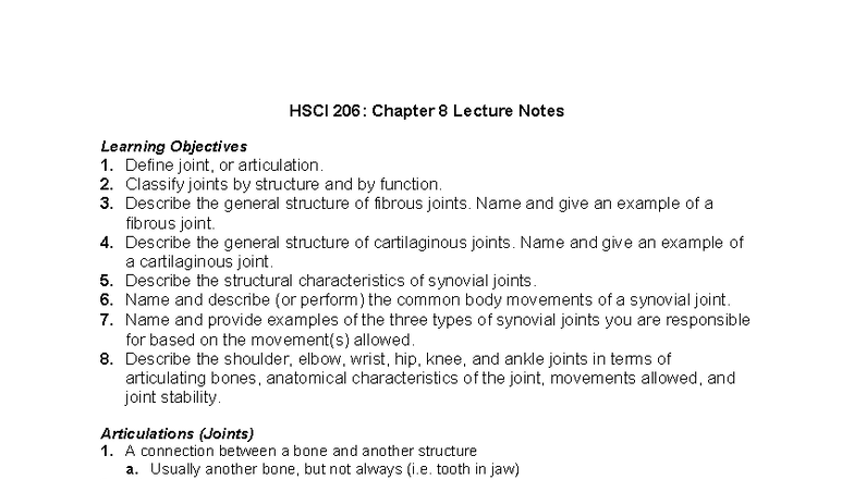 HSCI 206: Chapter 8 Lecture Notes on Joint Structure and Function - Studocu