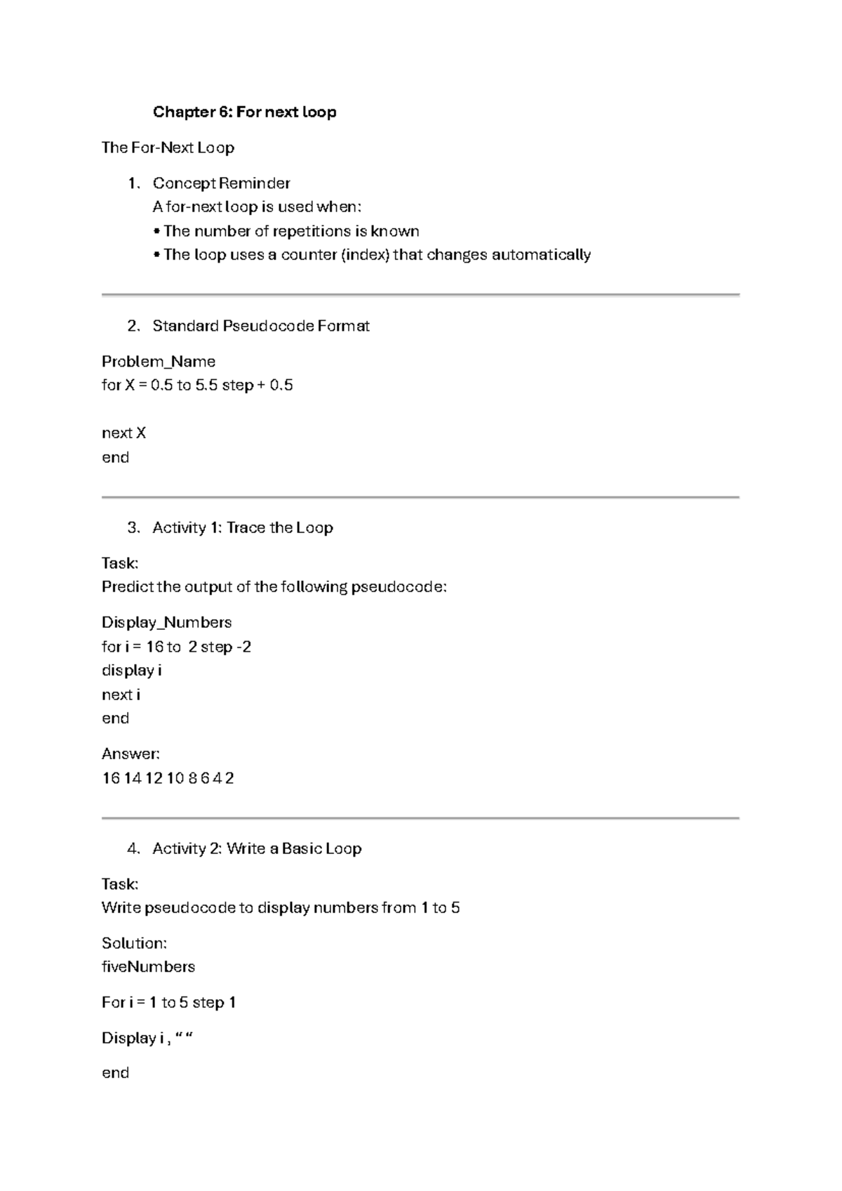 Chapter 6: For Next Loop - App Dev Study Material - Studocu