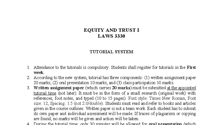 EQUITY AND TRUST I LAWS TUTORIAL ASSIGNMENT TOPICS - Studocu