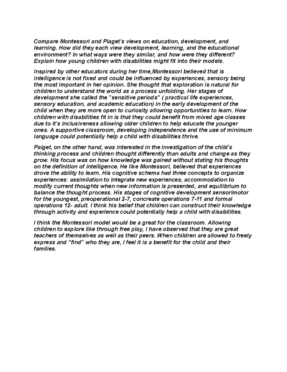 CDEV 74 Chapter 1 Discussion by Fang Wang - Compare Montessori and ...