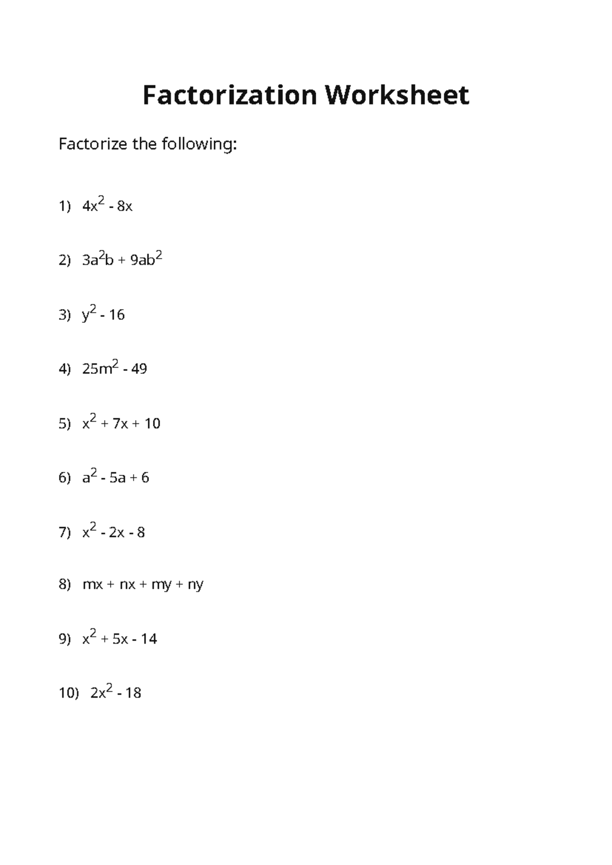 Factorization Worksheet: Exercises and Solutions - Studocu