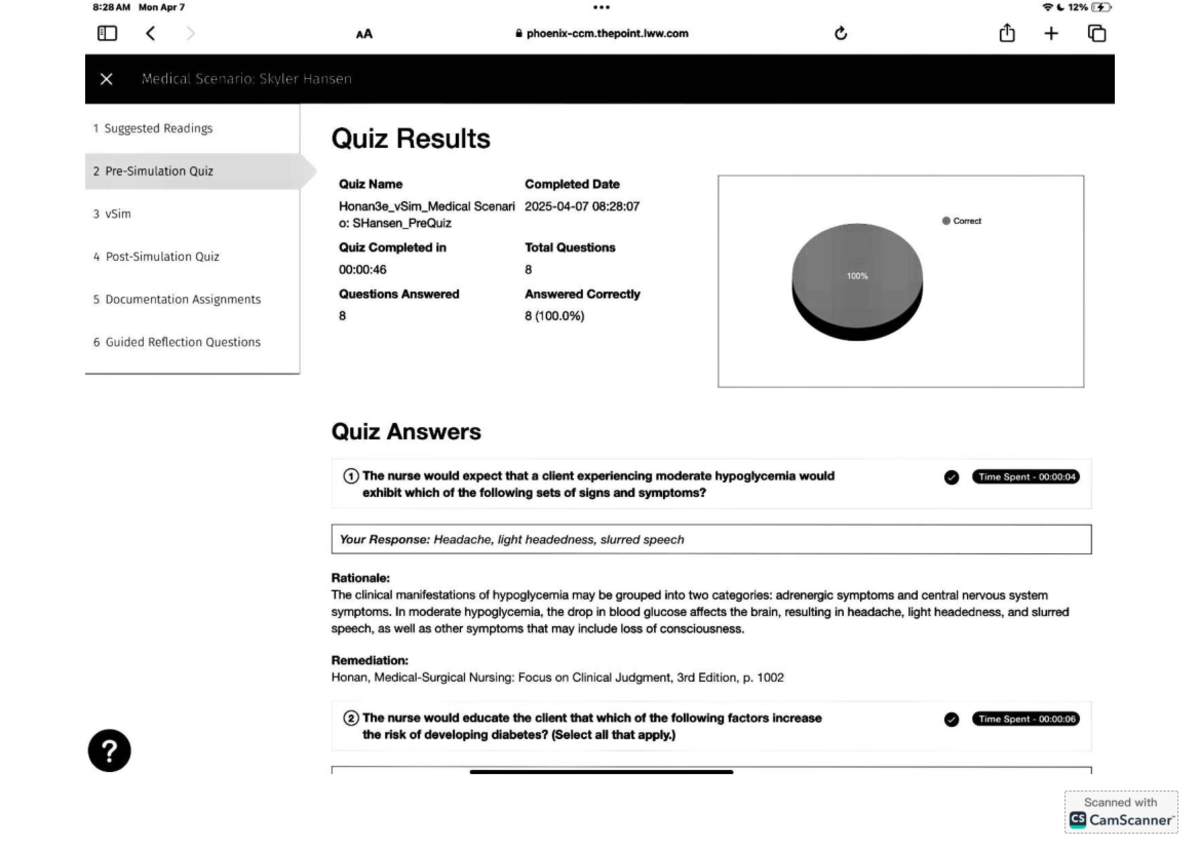 Medical Scenario: Skyler Hansen - vSim Quiz Results & Analysis E AA 9 X