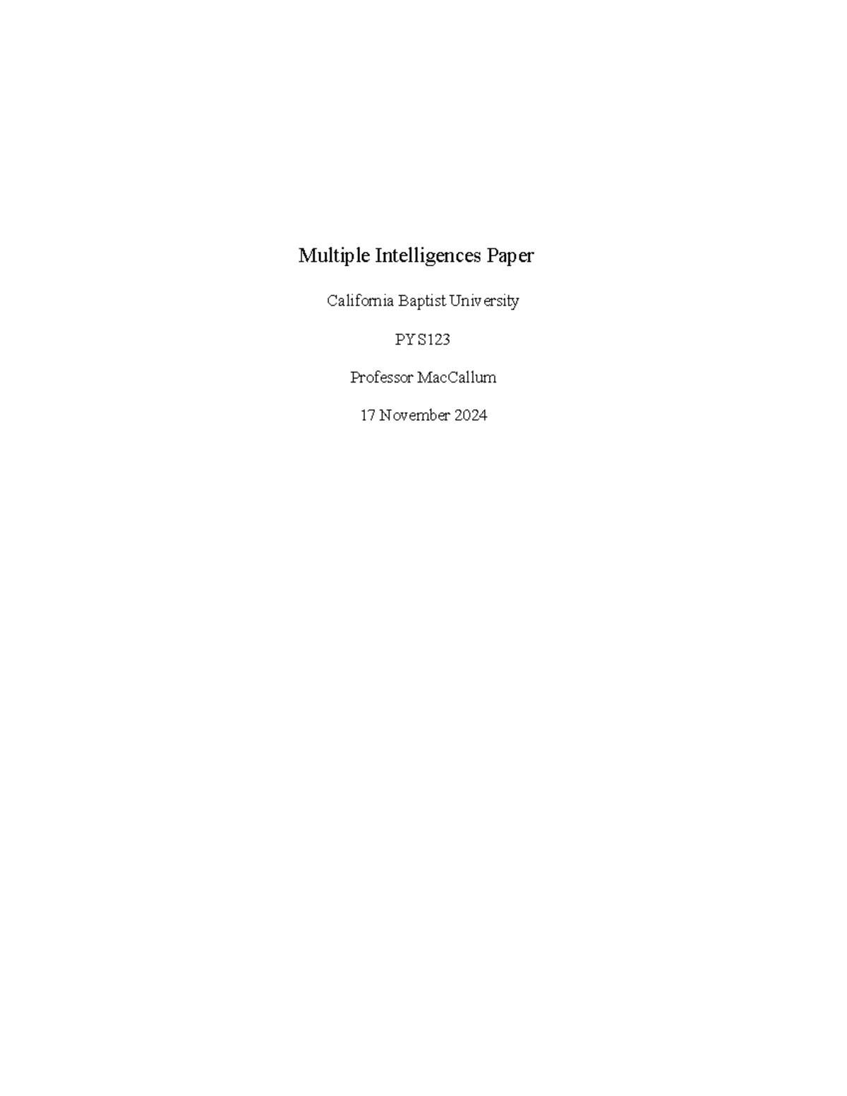 Multiple Intelligences Paper - Multiple Intelligences Paper California ...
