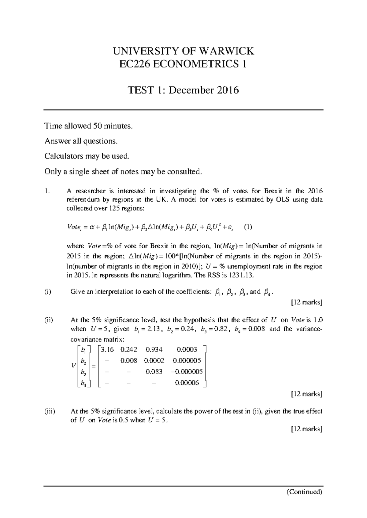 Test 1 2016: Term 1 - (Continued) UNIVERSITY OF WARWICK EC226 ...