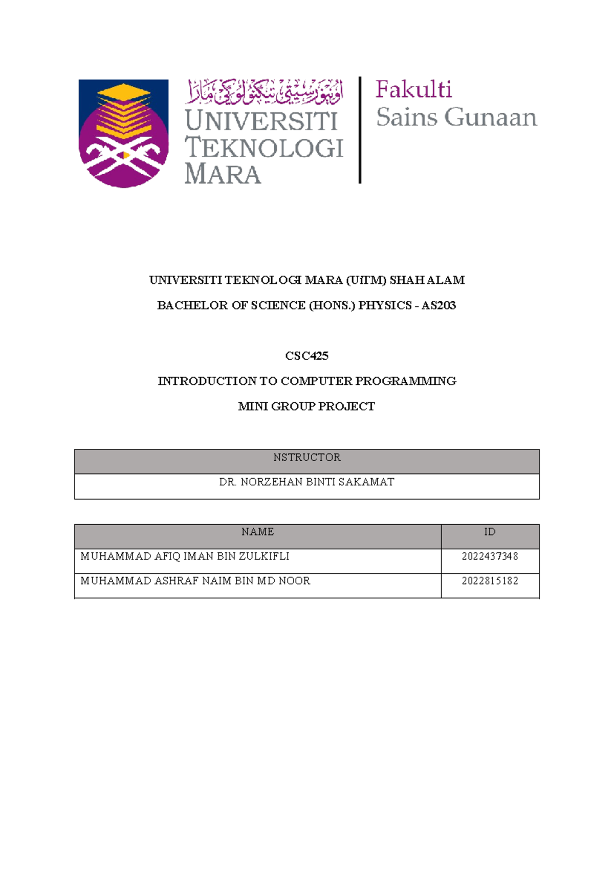 MINI Group Project - UNIVERSITI TEKNOLOGI MARA (UiTM) SHAH ALAM ...