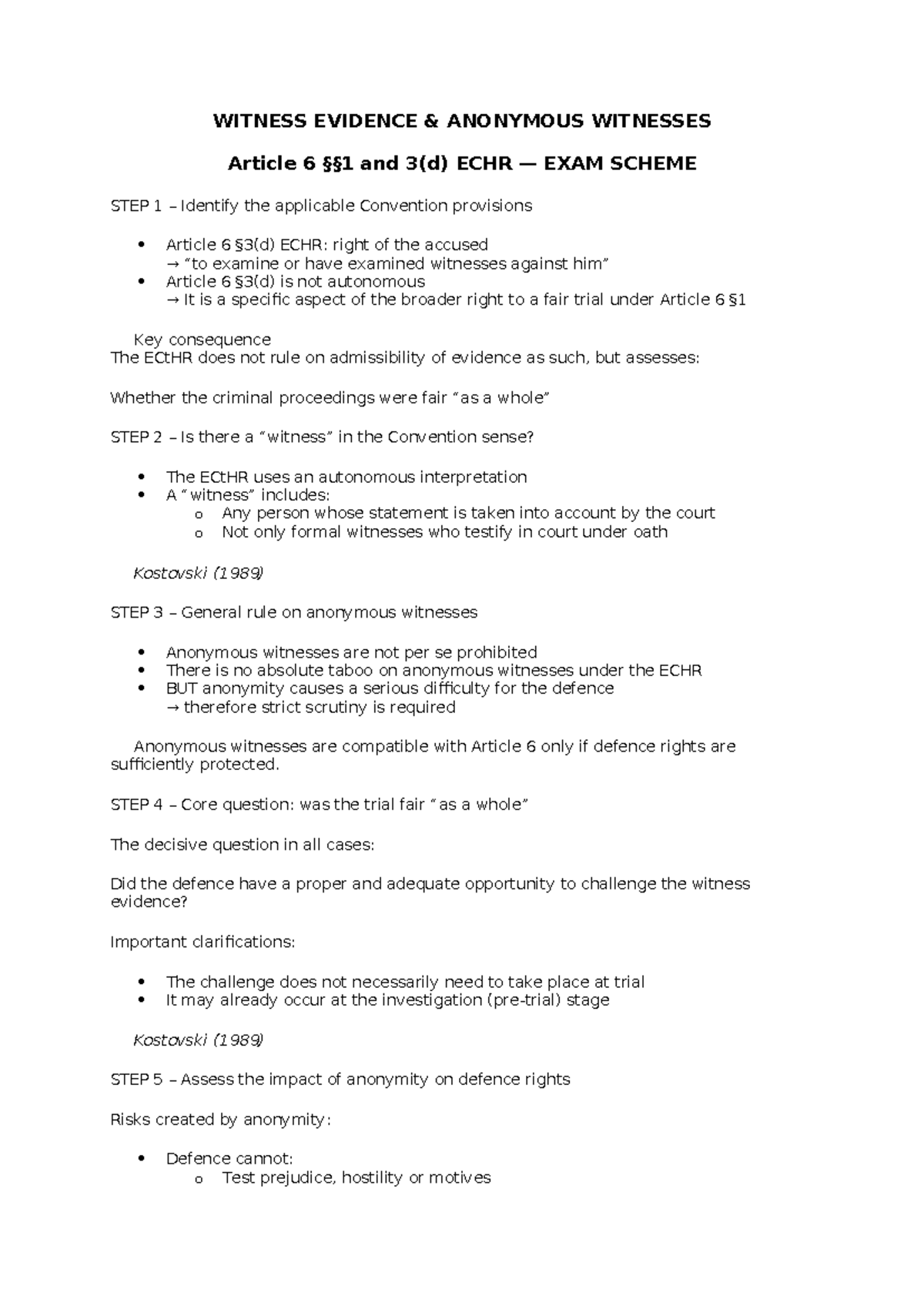 ECHR Article 6: Examining Anonymous Witnesses - Final Exam Notes - Studocu