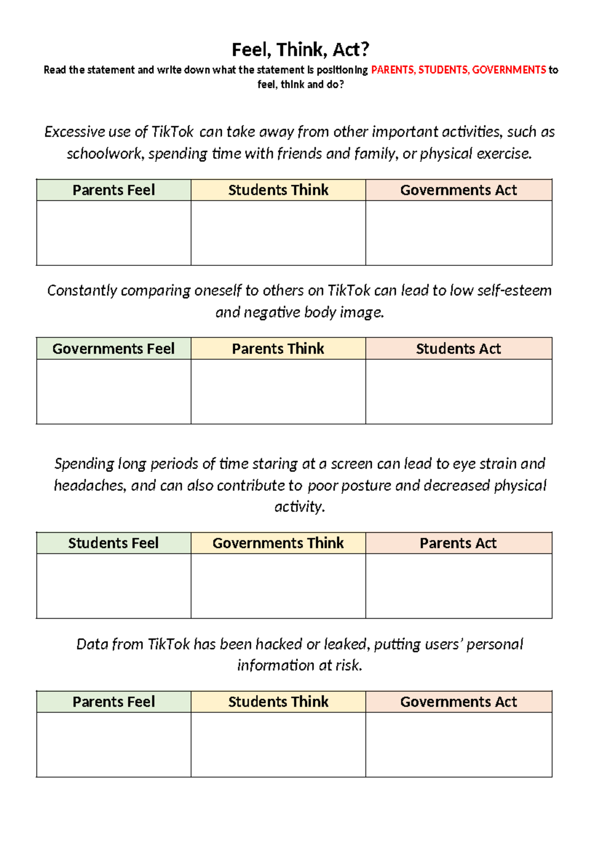 TASK - Think, Feel, Act: Impact of TikTok on Parents, Students ...