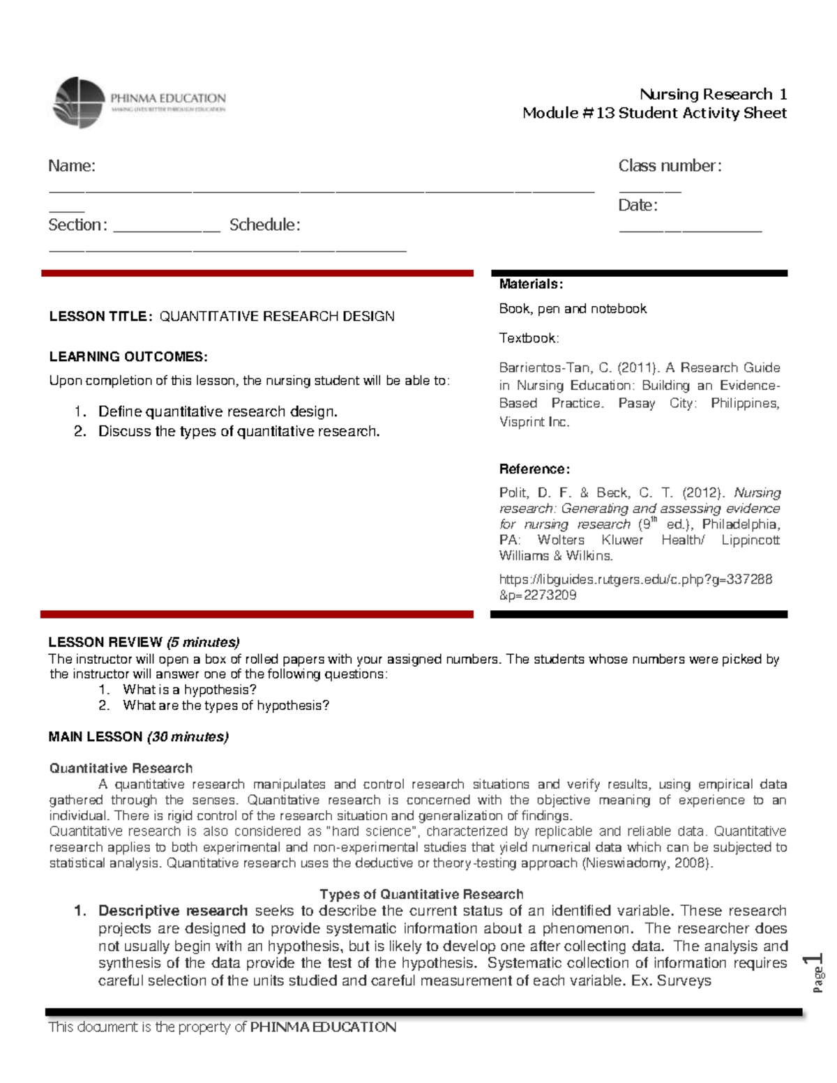 Nursing Research 1: Quantitative Research Design Lesson Notes - Studocu