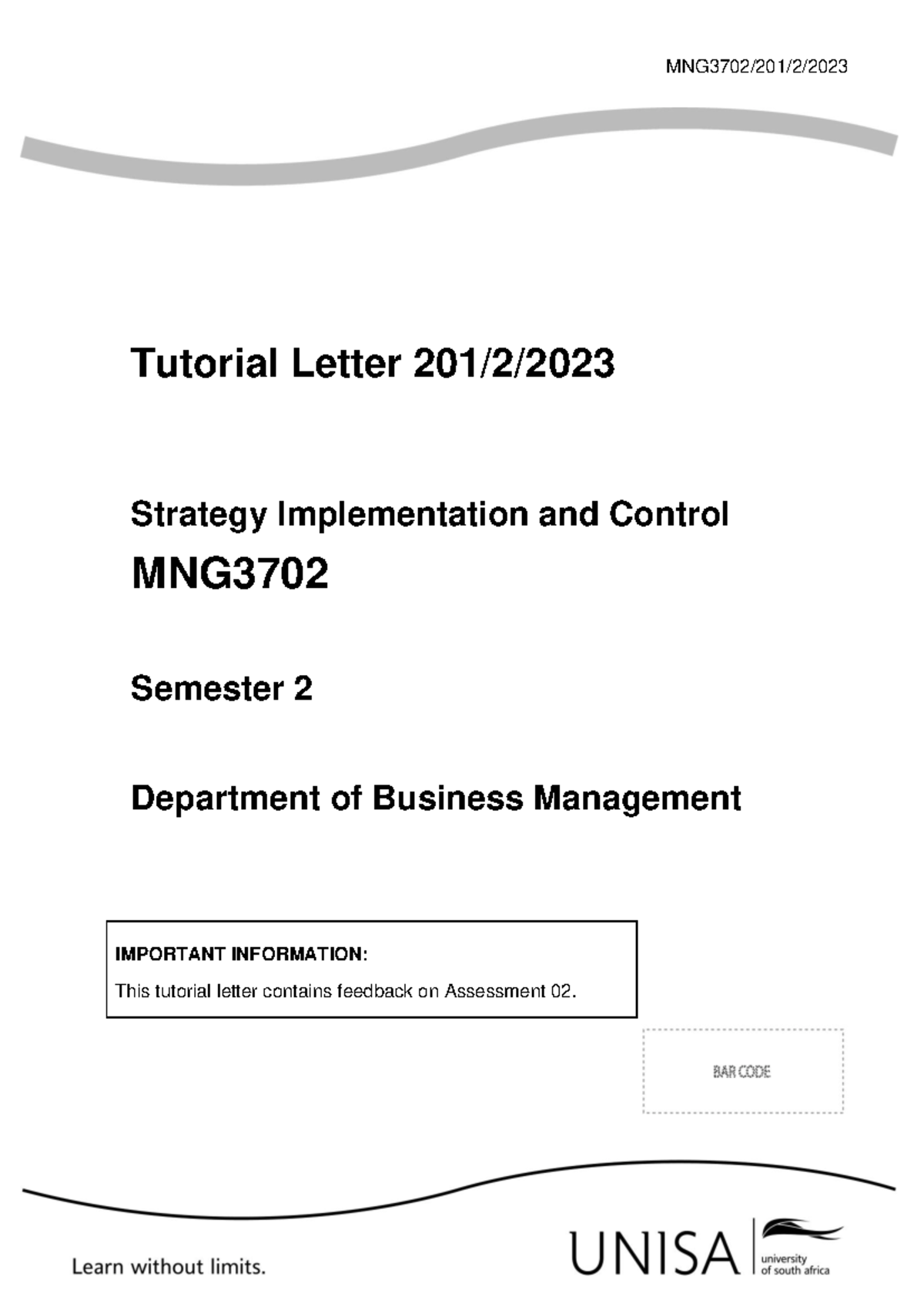 MNG3702 201/2/2023 Tutorial Letter: Strategy Implementation Feedback ...