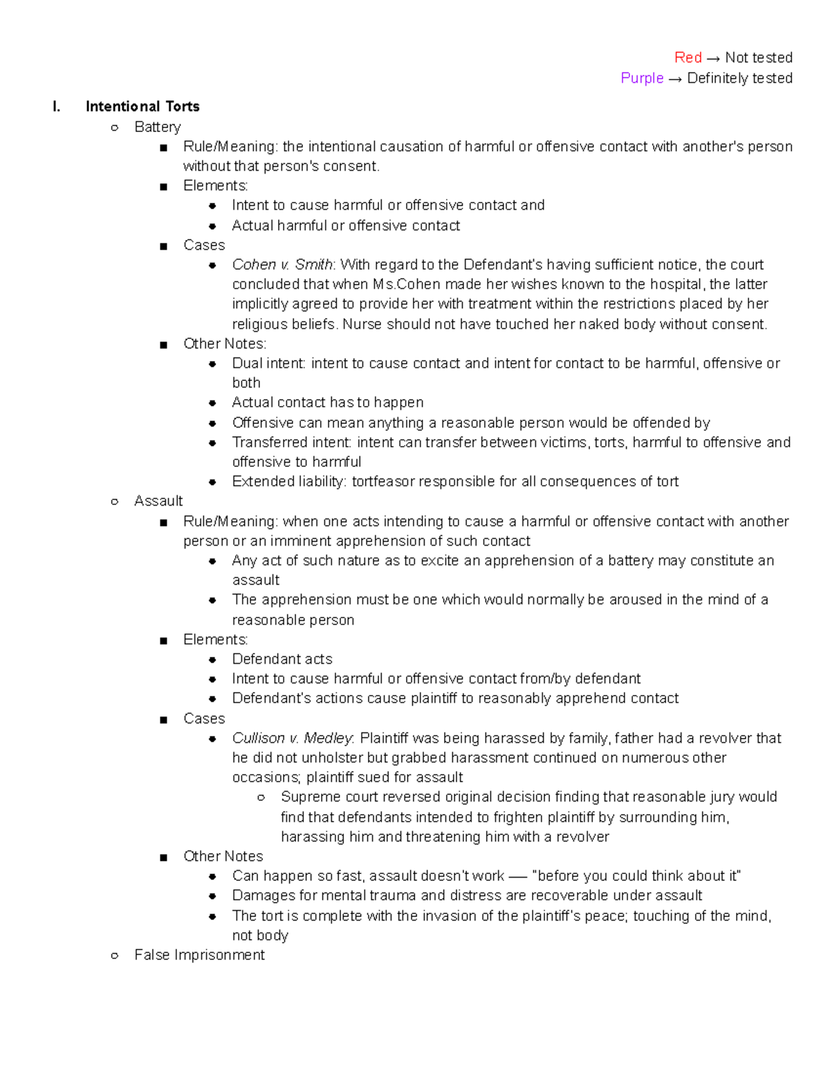 Torts (LAW 101) Final Exam Outline: Key Topics & Cases Explained - Studocu